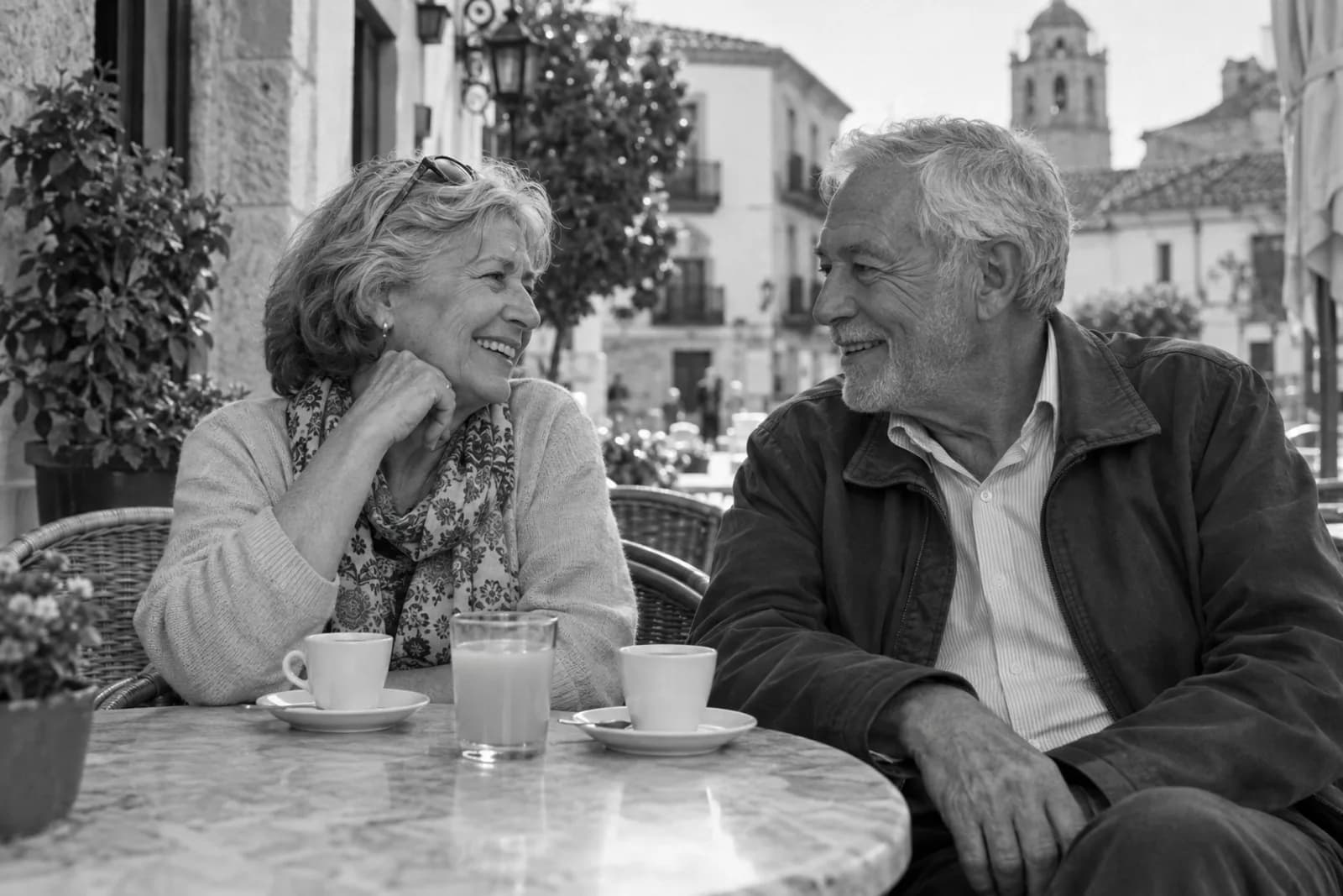 Et eldre par sitter sammen på en caféterrasse og snakker sammen