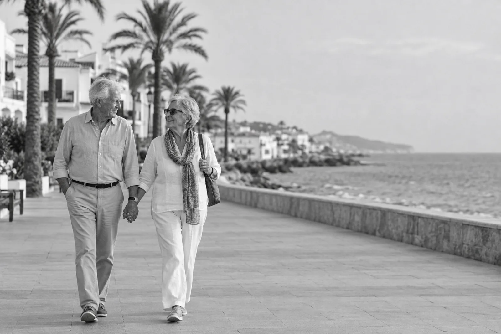 Et eldre par går hånd i hånd langs en havnepromenade i Spania